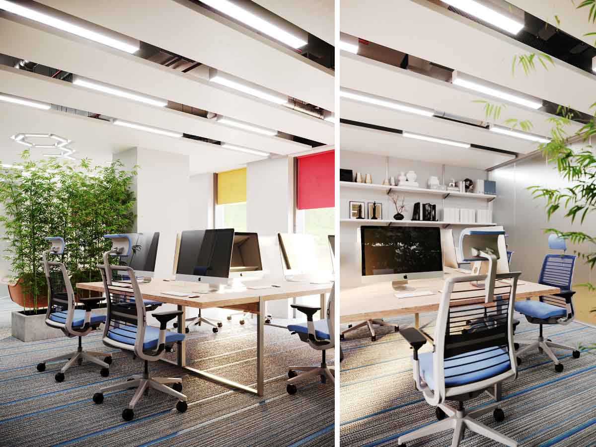 Thiết kế văn phòng có hệ thống đèn chiếu sáng độc đáo kết hợp cây xanh tươi mát